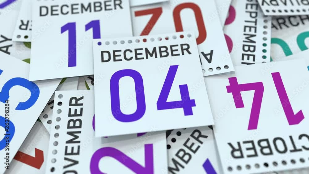 December 4 date on emphasized calendar page, 3D animation December 4 date on emphasized calendar page, 3D animation
