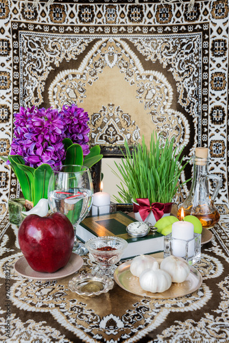 Tabletop with Haft-seen elements for Nowruz