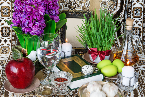 Tabletop with Haft-seen elements for Nowruz