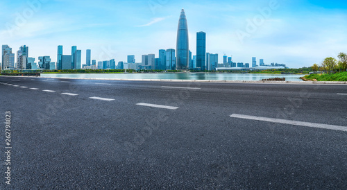 Road and skyline of urban architecture..