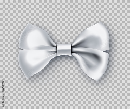 Sparkling white bow tie from satin material. Wedding ceremony accessory for groom and best man isolated on transparent background. Realistic formal wear. Elegant clothes from silk vector illustration.