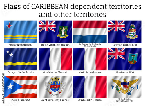 Curved flags of Caribbean dependent territories. Officially recognized flags of states isolated on white background. Realistic patriotic symbols vector illustration. National and political identity.