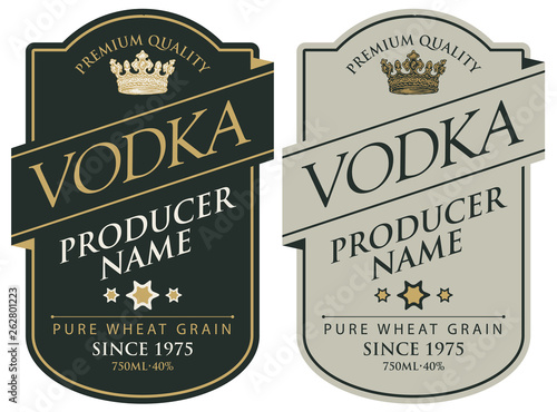 Set of two vector labels for vodka in the figured frame with crown and inscriptions on black and grey background in retro style. Premium quality, pure wheat grain