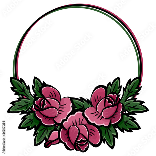 Decorative round flower frame with wreath of pink roses, buds and green leaves with black stroke. Botanical hand drawn, place for text. Isolated on white background. Eps10 vector illustration.