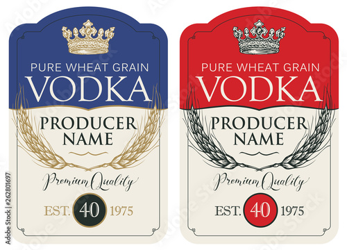 Set of two vector labels for vodka in the figured frame with crown, ears of wheat and inscriptions in retro style. Premium quality, pure wheat grain