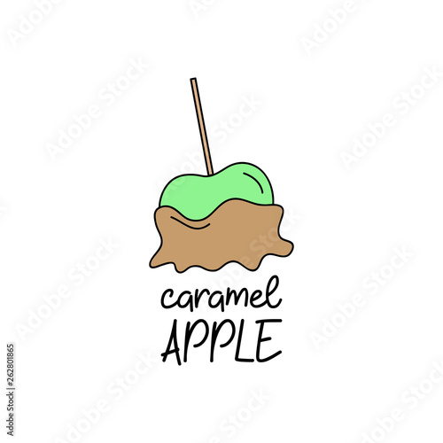 Caramel apple vector outlined illustration icon with writing. Green apple fruit in sweet sugar caramel coating. 