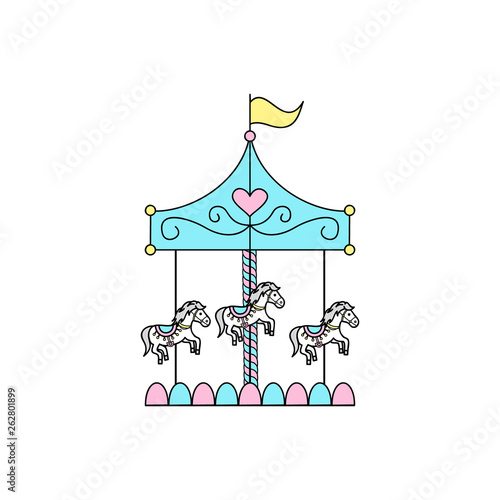 Merry go round, carousel with horses, vector outlined illustration icon.  