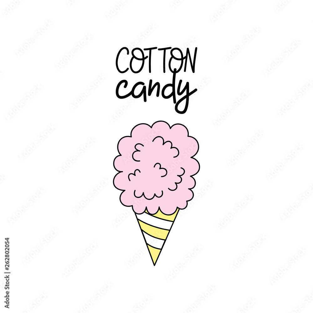 Pink cotton candy vector graphic illustration with writing. Candy floss in cone, outlined icon. 