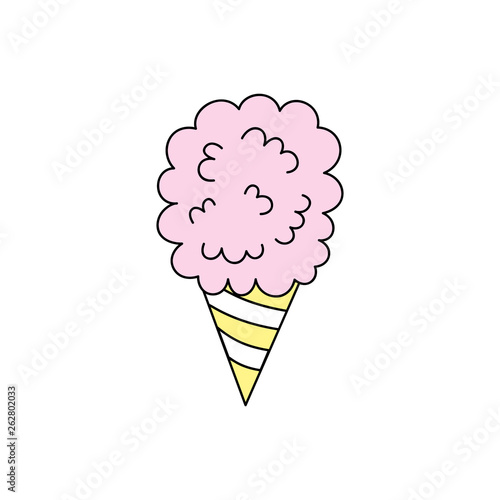 Pink cotton candy vector graphic illustration. Candy floss in cone, outlined icon.  