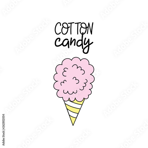 Pink cotton candy vector graphic illustration with writing. Candy floss in cone, outlined icon. 
