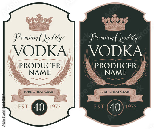 Set of two vector labels for vodka in the figured frame with crown, ears of wheat, ribbon and inscriptions in retro style. Premium quality, pure wheat grain