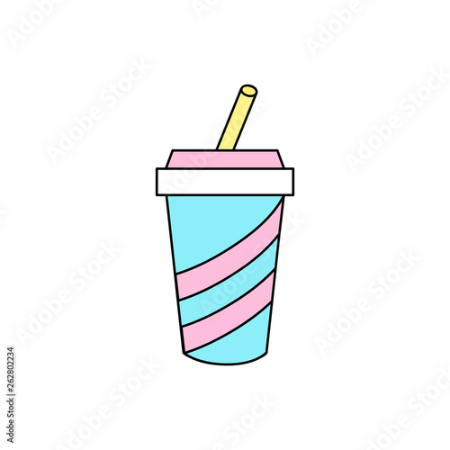 Blue paper cup with pink stripes and yellow straw. Vector illustration icon, isolated.