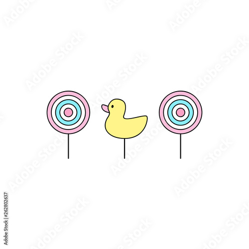 Cute shooting gallery vector outlined illustration. Classic targets and duck.  