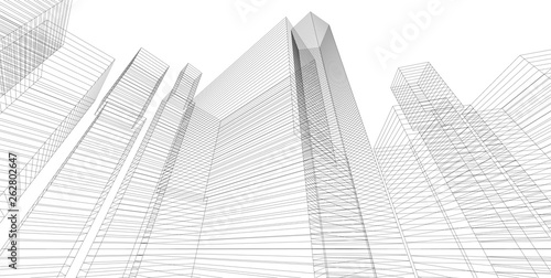 3D illustration architecture building perspective lines.