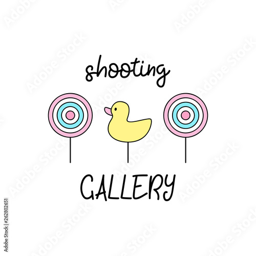 Cute shooting gallery vector outlined illustration with writing. Classic targets and duck.  
