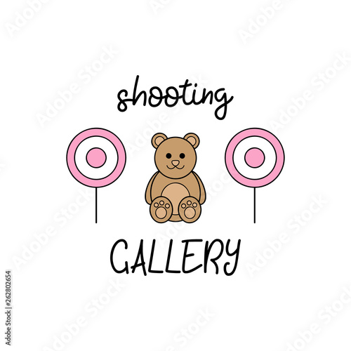 Cute shooting gallery vector outlined illustration with writing. Classic targets and teddy bear price.  