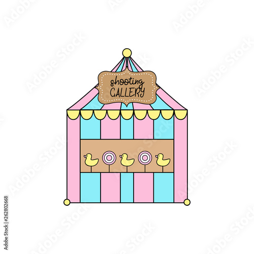 Cute shooting gallery booth vector outlined illustration. Classic targets and ducks in a row. 