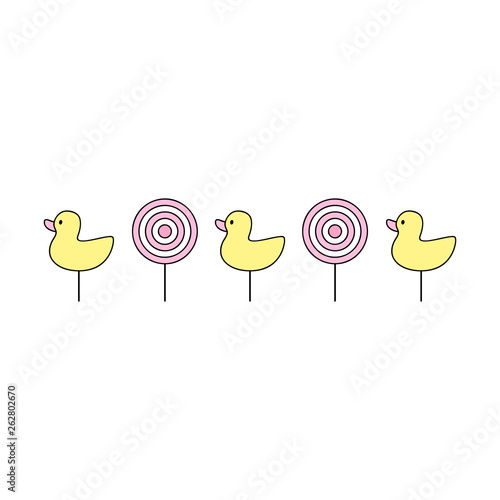 Cute shooting gallery vector outlined illustration. Classic targets and ducks in a row.  