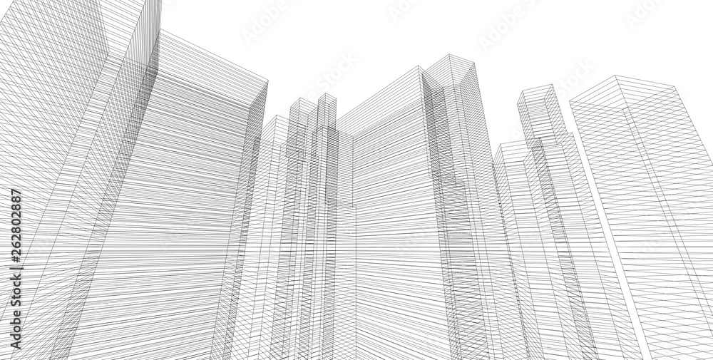 3D illustration architecture building perspective lines.