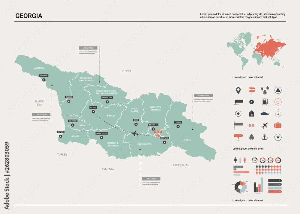 Naklejka premium Vector map of Georgia. High detailed country map with division, cities and capital Tbilisi. Political map, world map, infographic elements.