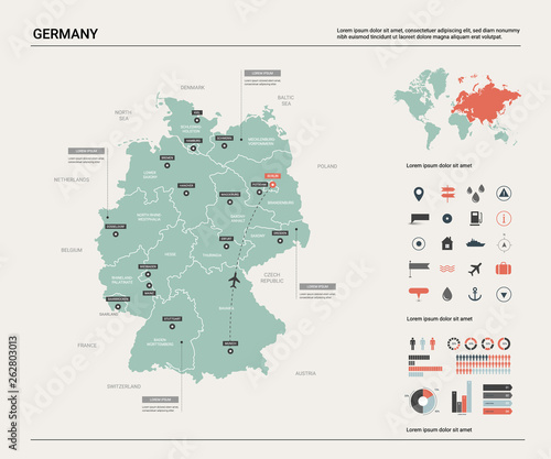 Vector map of Germany. High detailed country map with division, cities and capital Berlin. Political map, world map, infographic elements.