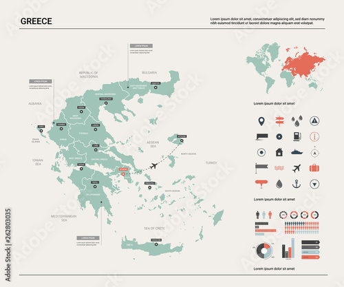 Vector map of Greece. High detailed country map with division, cities and capital Athens. Political map, world map, infographic elements.