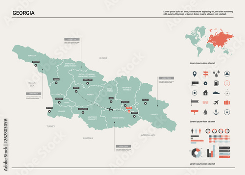 Vector map of Georgia. High detailed country map with division, cities and capital Tbilisi. Political map, world map, infographic elements.