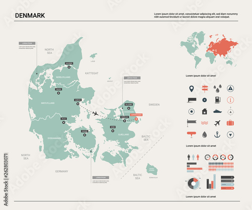 Vector map of Denmark. High detailed country map with division, cities and capital Copenhagen. Political map, world map, infographic elements.