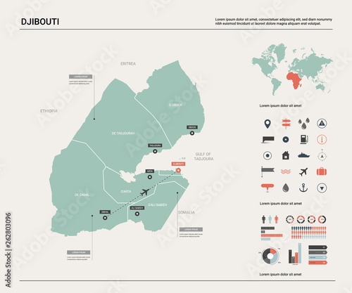 Vector map of Djibouti. High detailed country map with division, cities and capital. Political map, world map, infographic elements.