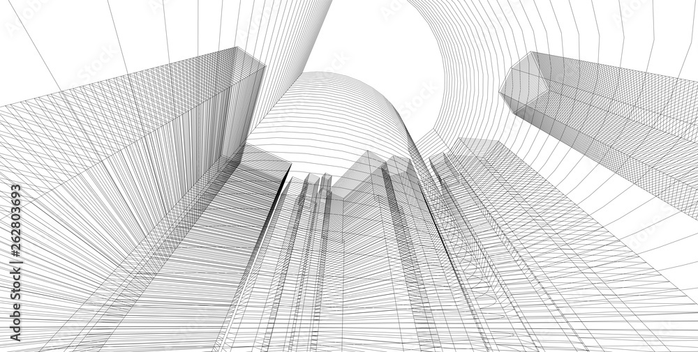 3D illustration architecture building perspective lines. 3D illustration architecture building perspective lines.