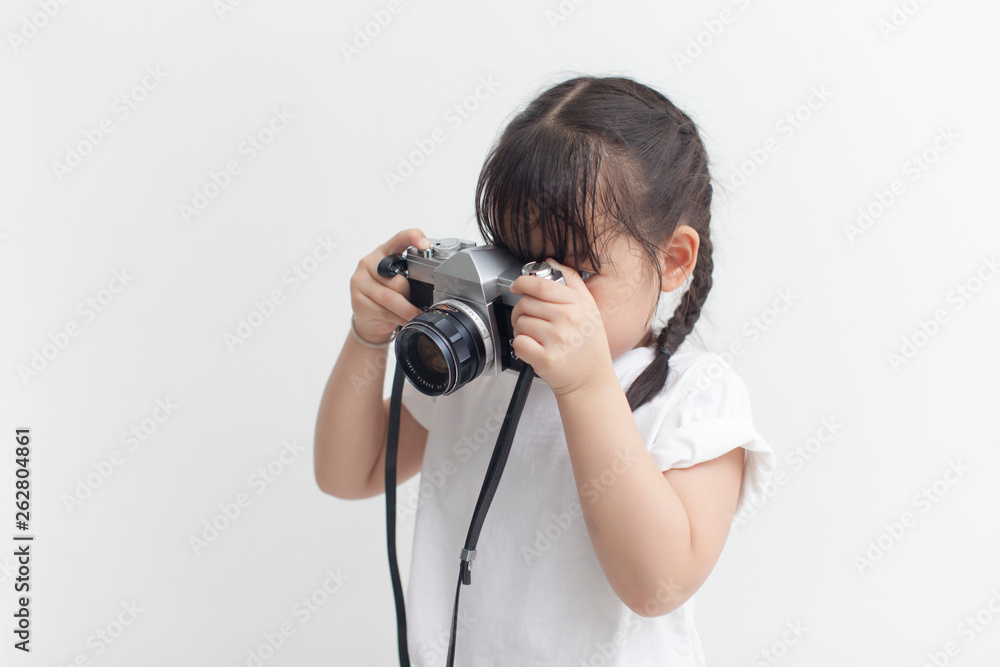 Girl take a photo on white background Girl take a photo on white background