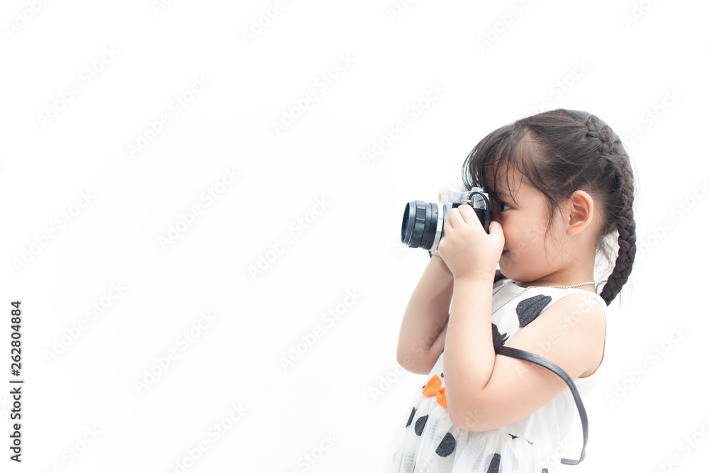 Girl take a photo on white background Girl take a photo on white background