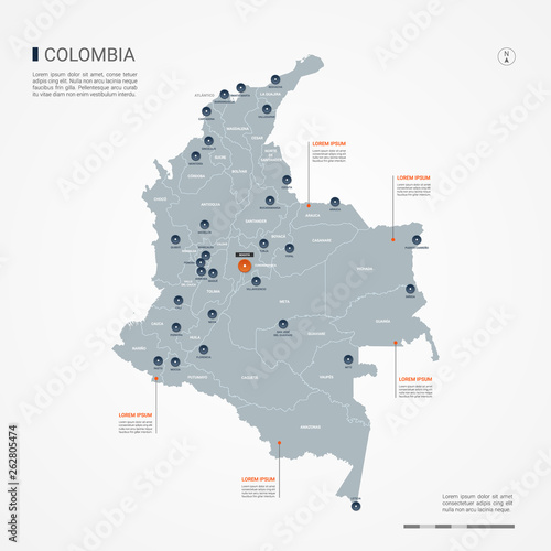 Colombia map with borders, cities, capital and administrative divisions. Infographic vector map. Editable layers clearly labeled.