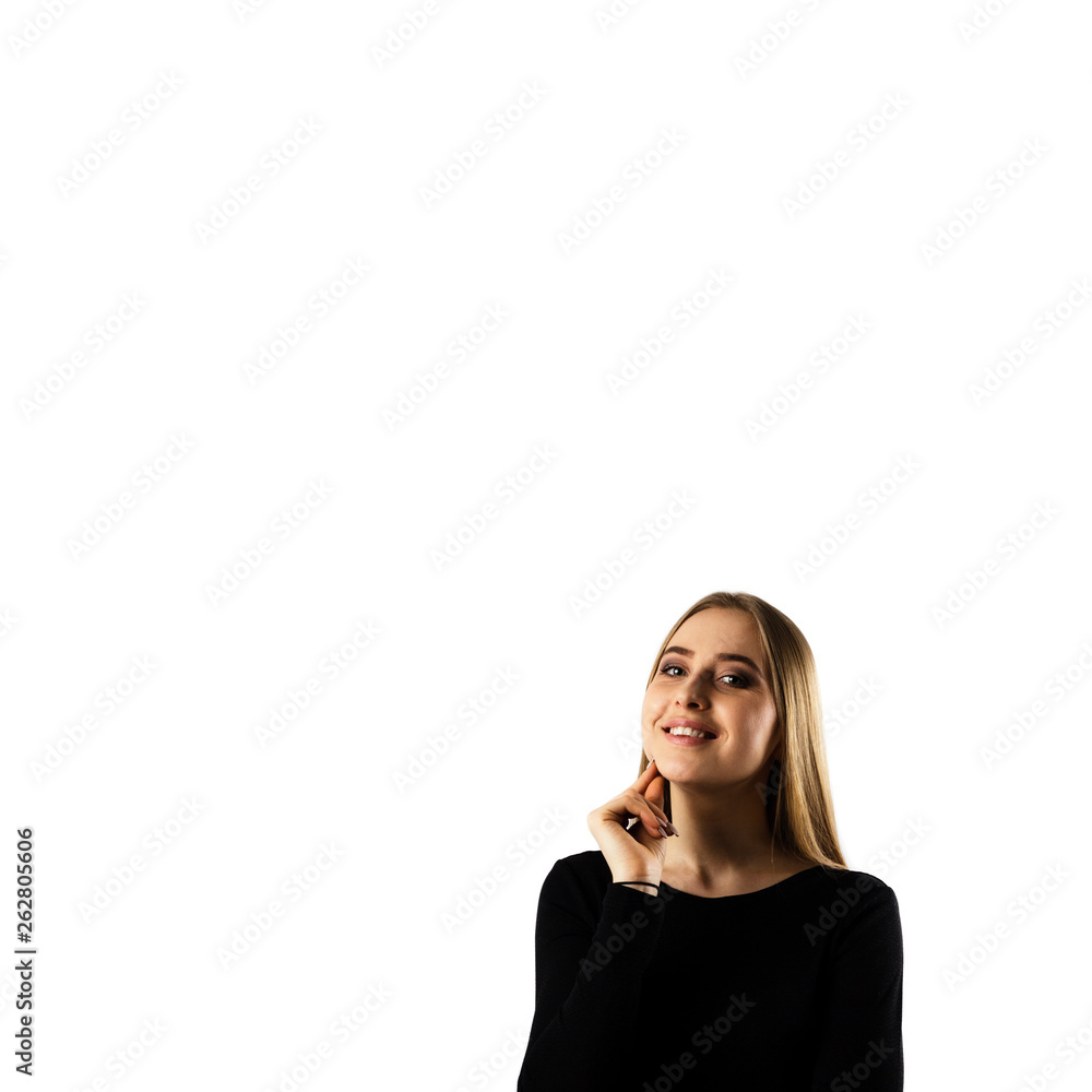 Young woman in black on white background. Young woman in black on white background.