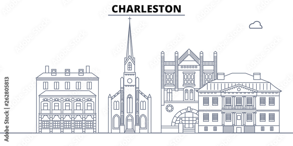 Obraz premium Charleston,United States, flat landmarks vector illustration. Charleston line city with famous travel sights, design skyline. 