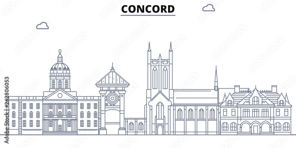 Fototapeta Concord, Stany Zjednoczone, ilustracja wektorowa płaskie zabytki. Miasto linii Concord ze słynnymi atrakcjami turystycznymi, panoramą miasta.