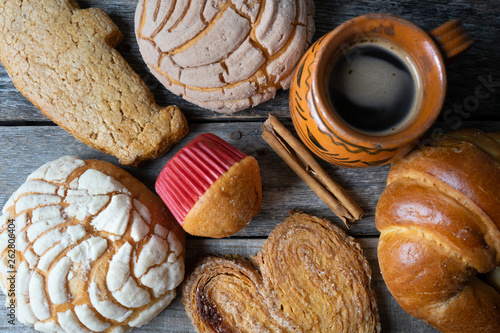 Set of mexican sweet bread and coffee photo