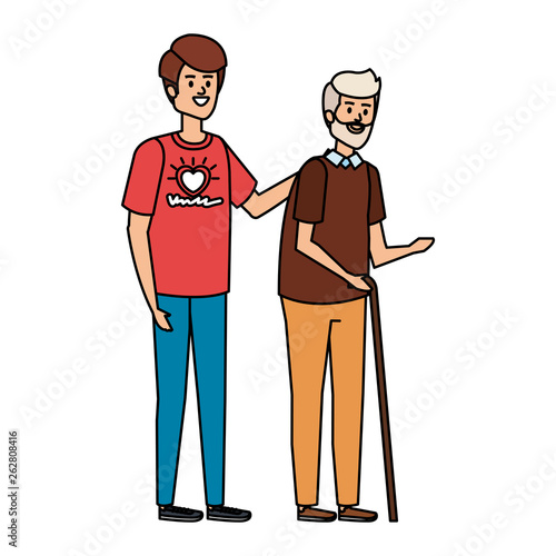 young man volunteer helping a grandfather