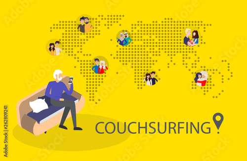 Design concept of couchsurfing with dotted world map, white man and different characters people and background for website and mobile website. Vector illustration.
