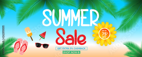 Summer sale banner template with beach umbrellas and tropical leaves background, for shopping sale. banner design. Poster, card, web banner. Vector illustration