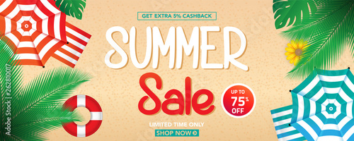 Summer sale banner template with beach umbrellas and tropical leaves background, for shopping sale. banner design. Poster, card, web banner. Vector illustration