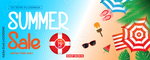 Summer sale banner template with beach umbrellas and tropical leaves background, for shopping sale. banner design. Poster, card, web banner. Vector illustration