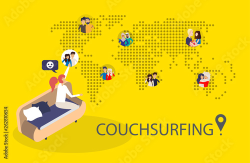Design concept of couchsurfing with dotted world map, woman and different characters people and background for website and mobile website. Vector illustration.