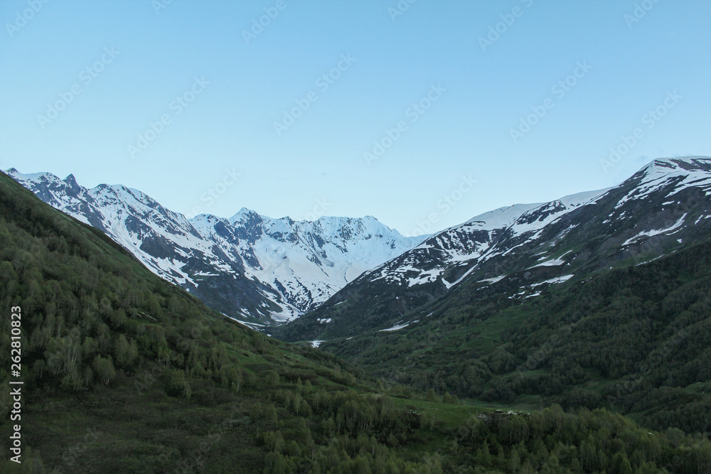 Green landscape with alpine meadow and snowcapped mountain peak in the Caucasus in Georgia