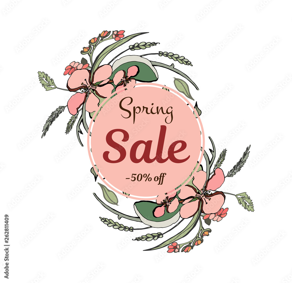 Fototapeta premium Spring sale background with beautiful flower and round frame