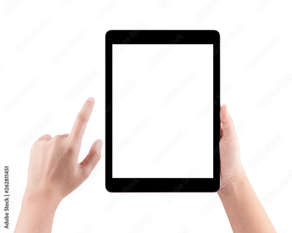 Hands holding tablet computer and blank white screen on table with clipping path.