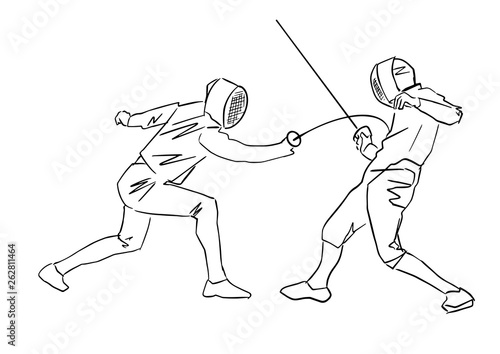 Fencer attacks the opponent. Contour drawing. Two fencing athletes at tournament. Fighting swordsmen in protective sportswear. Fencing championship. Vector hand drawn illustration. Isolated silhouette