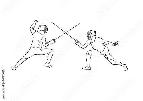 Two fencing athletes. Contour drawing. Fencer at tournament. Fighting swordsmen in protective sportswear. Fencing championship. Vector hand drawn illustration. Isolated silhouette.