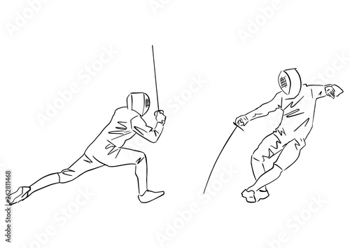 Fencing championship. Contour drawing. Fencer at tournament. Two fencing athletes. Fighting swordsmen in protective sportswear. Vector hand drawn illustration. Isolated silhouette.
