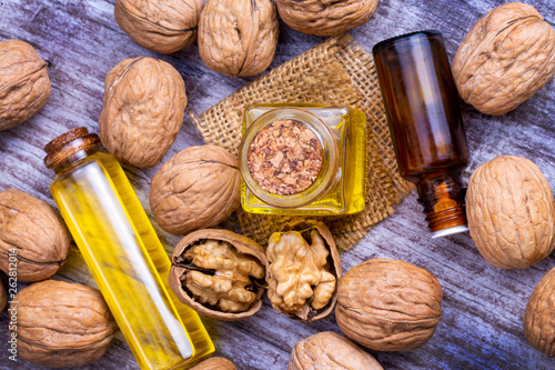 Cosmetic and therapeutic walnut oil. Food and cosmetic concept photo.